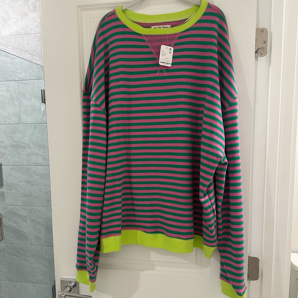 Free people we the free classic pink / green stripe pullover large nwt